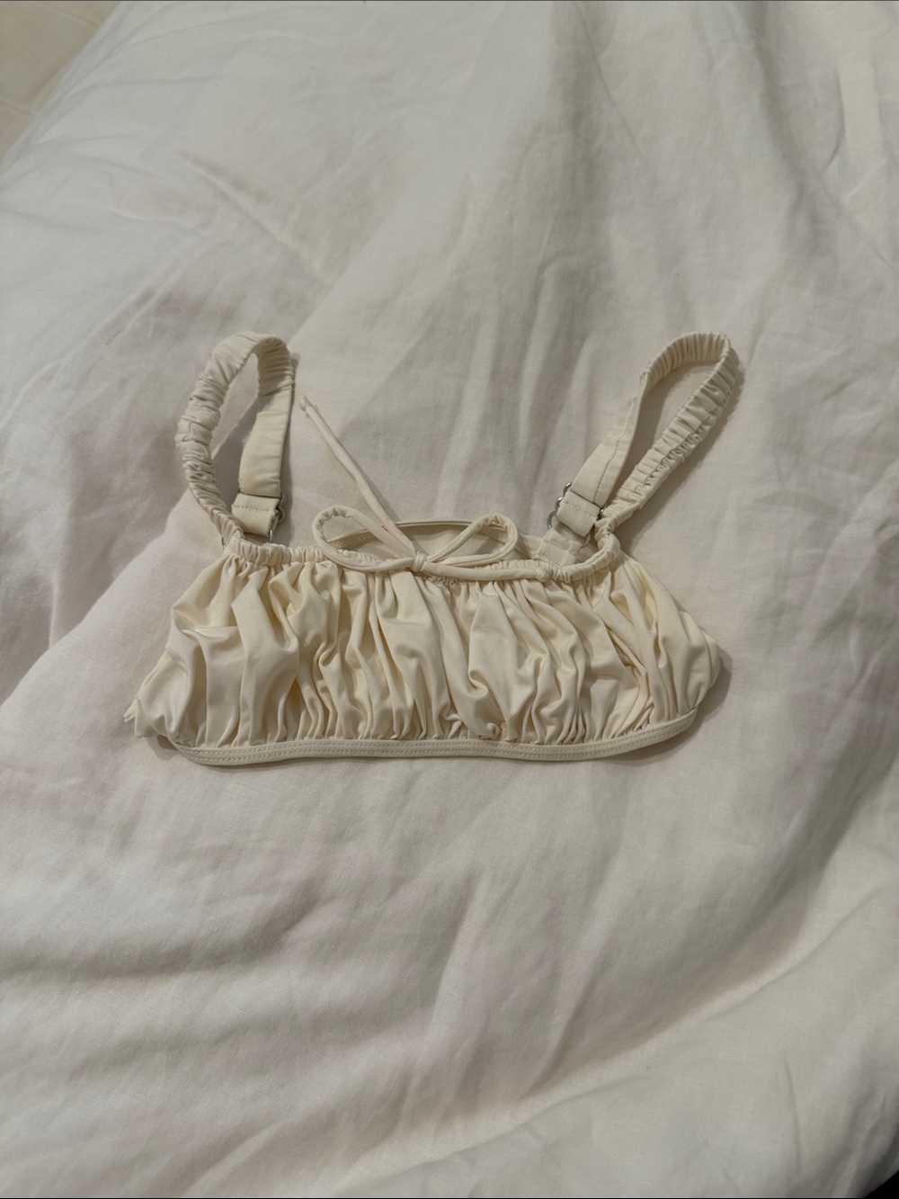 Frankie's Bikinis Cream Ruched Bikini Top with Bow Detail
